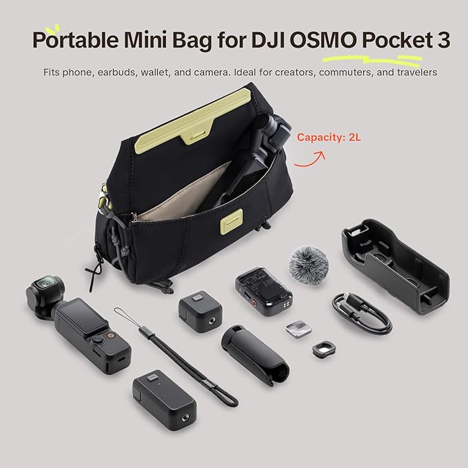 PGYTECH OneGo Pocket Sling for DJI Osmo Pocket 4/3/Xtra Muse/Insta360, Portable Splashproof Everyday Carry Case & Shoulder Strap, 2L, 3-Layer Storage Carrying Bag for Phone/Action Cam/Daily Essentials