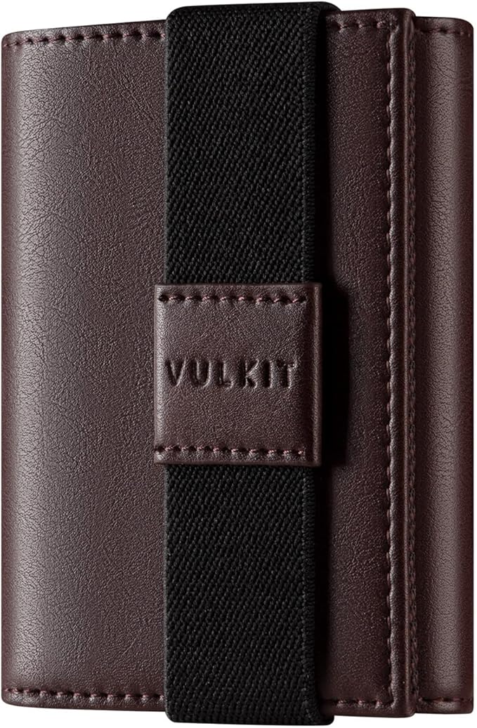 VULKIT Minimalist Leather Rfid Blocking Trifold Wallet with Elastic Band Credit Card Holder with 5 ID windows & Zipper Pocket for Men (Brown)