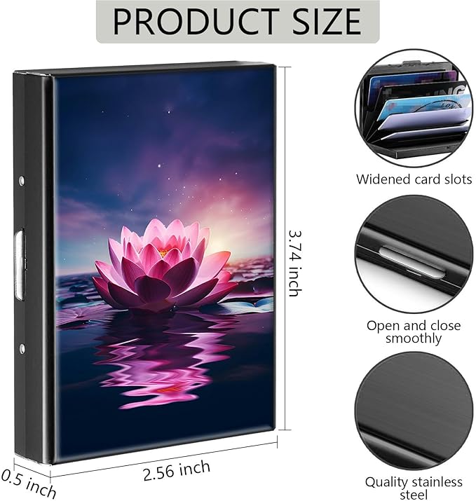 Credit Card Holder, Lotus Flower Design Mini RFID Blocking Aluminum Wallet Slim Metal Hard Case Shell Travel Wallet ID Case Small Credit Cards Case Business Cards for Women Men Girls