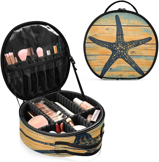 senya Round Cosmetic Pouch Travel Makeup Train Case Starfish Silhouette Makeup Organizer Bag with Adjustable Dividers Portable for Cosmetics Makeup Brushes Toiletry Jewelry Accessories