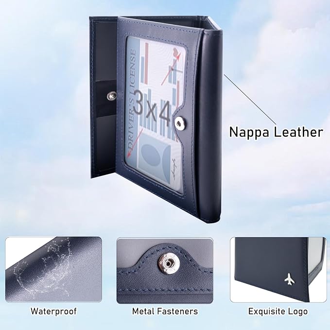 Pilot Wallet Passport Holder RFID Blocking Nappa Leather Travel Wallet, Stylish Travel Companion for Aviation Professionals (Blue)