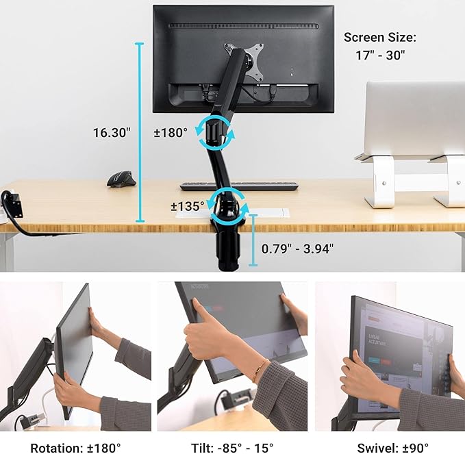 Progressive Desk Single Gas Spring Monitor Stand - Fits 17"-30" Monitors - ±180 Monitor Rotation - Arm Holds Up to 20 lbs