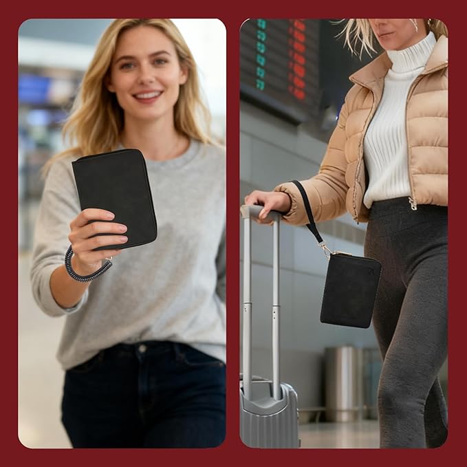 Passport Holder with Tether and Carabiner to Prevent Loss and Theft, Rfid Passport Holder for Travel, Passport Cover, Wallet & Case for Men and Women (Black -Tether and Carabiner)