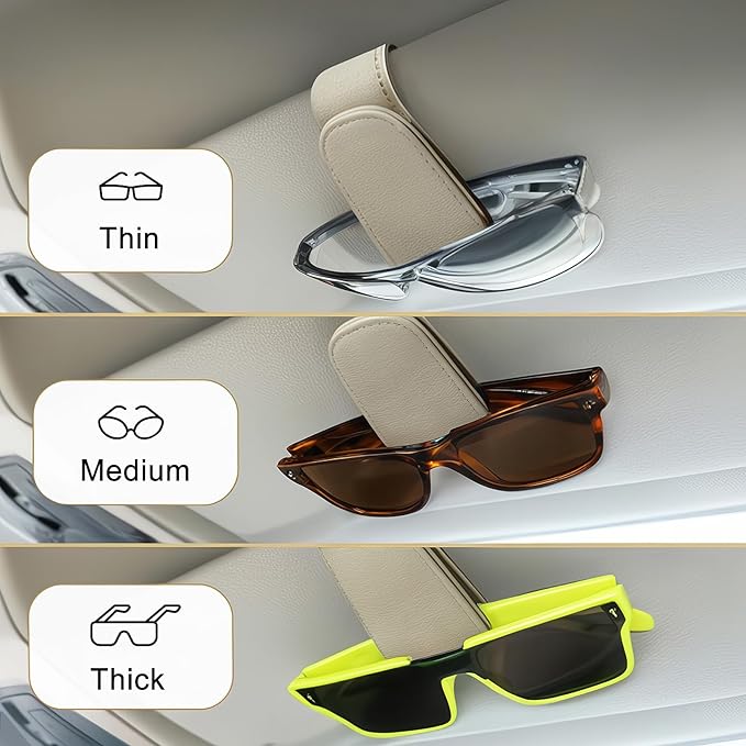 EldHus Sunglass Holder for Car Visor - 2 Pack Magnetic Car Glasses Holder Clip, Leather Eyeglass Holder for Car, Universal Vehicle Sunglasses Hanger Eyeglasses Mount, Beige