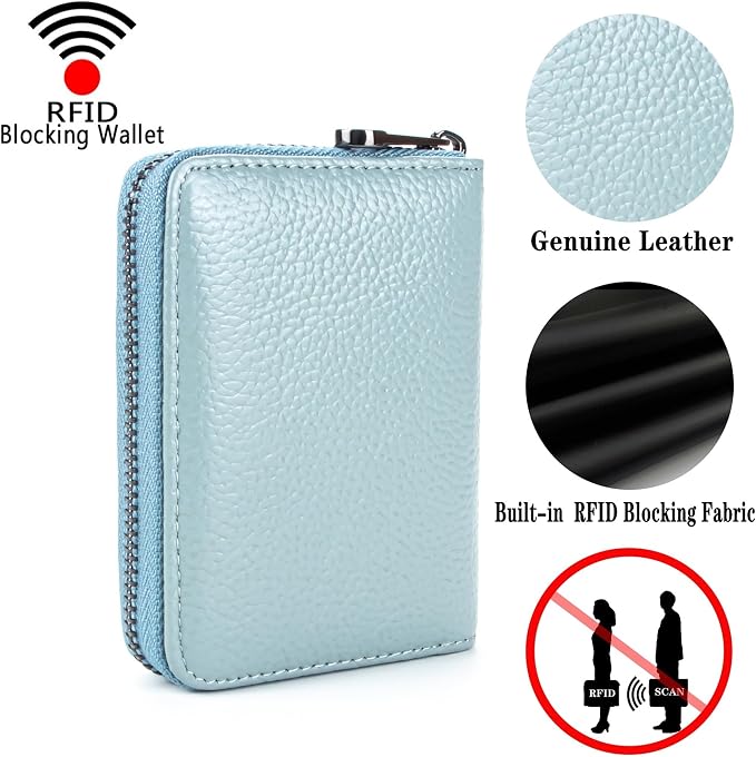 Suweibuke Genuine Leather Credit Card Holder Zipper Wallet RFID Blocking Secure Card Case ID Case Organizer (Light Blue)
