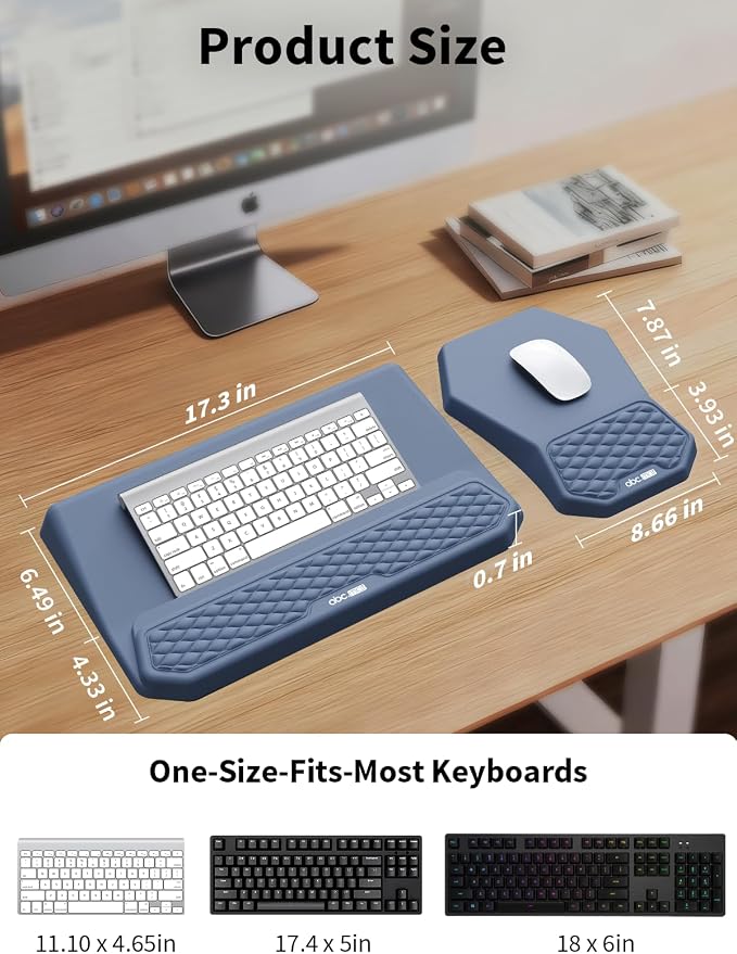 3-in-1 Ergonomic Keyboard Stand with Wrist Rest & Mouse Pad Set, Comfy Keyboard Riser Holder Soft Mousepad with Massage Design, Memory Foam and Non-Slip PU Base for Pain Relief, Blue
