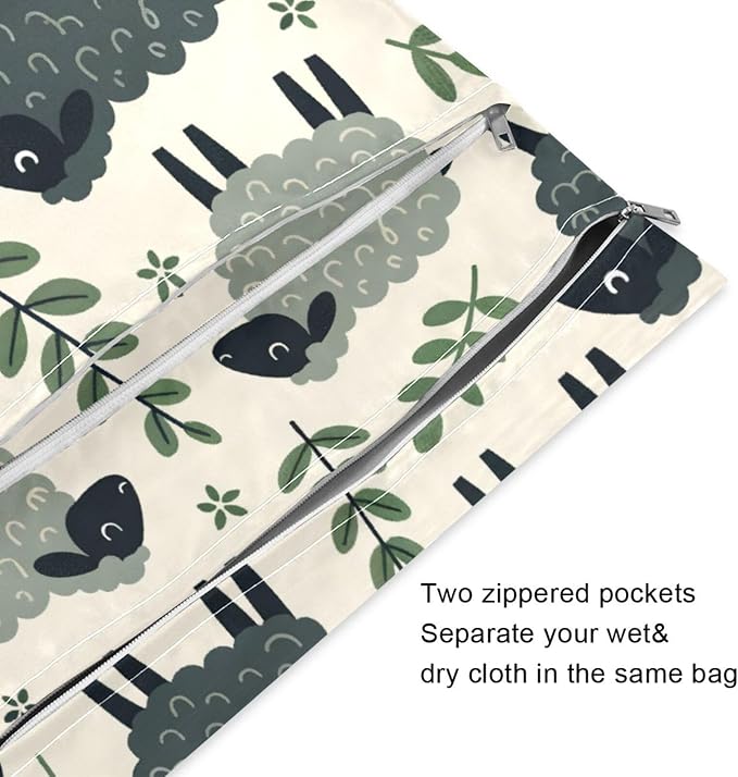 Kigai Darkgray Sheeps Wet Dry Bags, Reusable Waterproof Wet Bags, 2Pcs Travel Beach Pool Bag with Zippered Pockets for Swimsuit, Cloth Diaper, Toiletries & Makeup