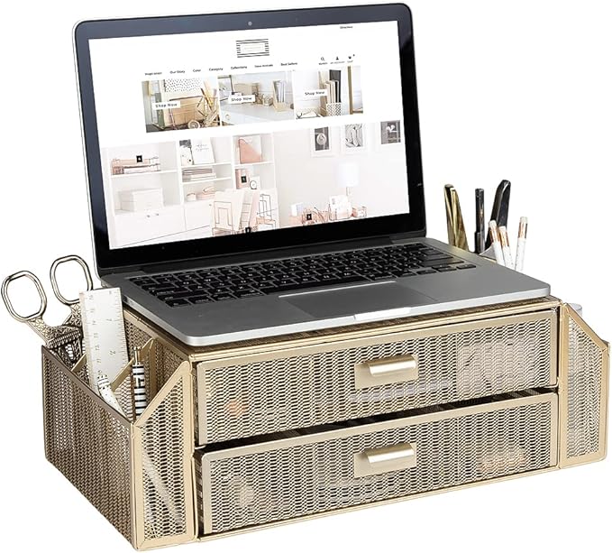 BLU MONACO | Monitor Stand with Drawer Storage | Desk Top Monitor Stand Riser Gold | Computer Support Organizer Elevador de Monitor