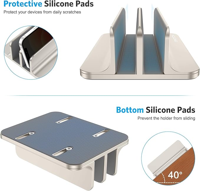 OMOTON Vertical Laptop Stand [Updated Double Version], Desktop Aluminum Mac Book Stand with Adjustable Dock Size, Fits All Mac Book, Surface, Chrome Book and Gaming Laptops (Up to 17.3") (Starlight)