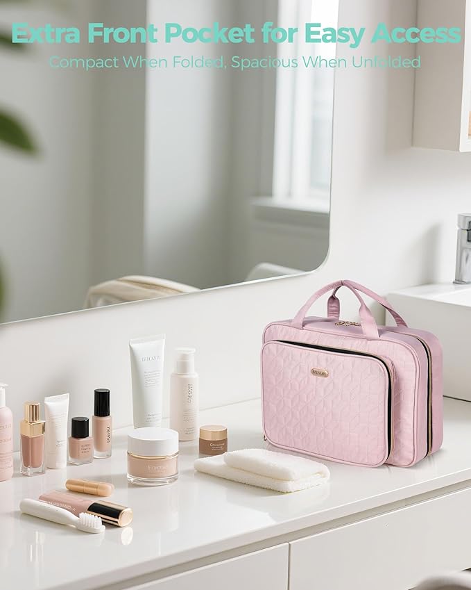 BALULHG Travel Hanging Toiletry Bag for Women, Water-Resistant Cosmetic Organizer with 4 Compartments & 360° Swivel Hook, TSA-Approved Makeup Bag for Shampoo, Full Sized Container, Toiletries (Pink)