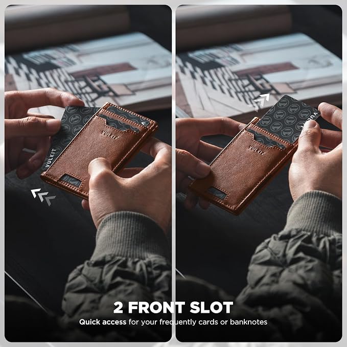VULKIT Credit Card Holder RFID Blocking Slim Leather Front Pocket Mens Wallet Bank Card Holder Quick Access with 10 Slot and Money Band for Bills or Receipt, Palm-Size Wallet, Brown, S, Minimalist