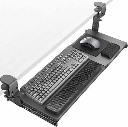 VIVO Large Height and Width Adjustable Under Desk Keyboard Tray, C-clamp Mount System, 22.5” to 30” (28.5” to 36” Including Clamps) x 11 inch Slide-Out Platform for Typing, Black, Mount-KBST1