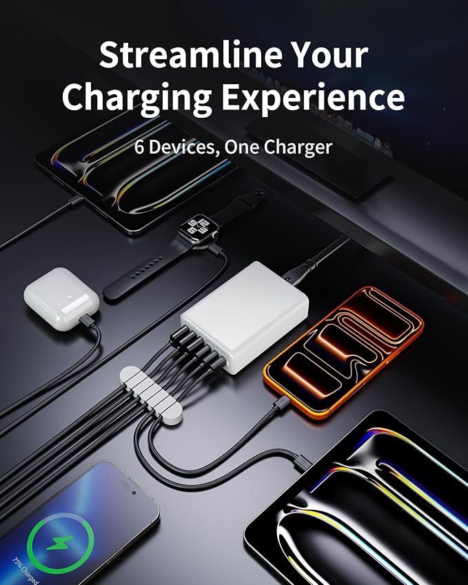 105W USB C Fast Charger, 6-Port Desktop GaN USB Charging Station Hub, USB C Charger Block Wall Charger for iPhone 17/16/15/14/13/12/11, iPad, Samsung and More (Cable Organizer Included)
