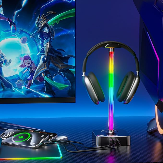 cozoo Gifts for Gamer Men All-in-One RGB Headset Stand & Charging Station | 3 USB Ports, 2 Outlets, Metal Space Gray | Gaming Equipment, Game Room Setup, Christmas Gifts for Him,Teen Boys,Tech Lovers