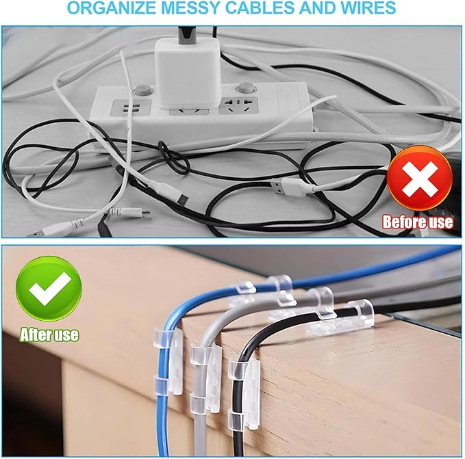 50Pcs Finisher Wire Clamp, Adhesive Cable Management Clips, Nylon Wire Holders for Cords, Wire Clips, Cord Clip for Car, Wall, Under Desk, TV PC Cable Management (Transparent, Medium-50PCS)