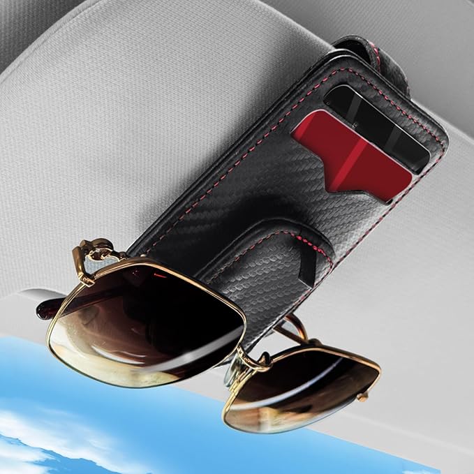 Car Sunglasses Holder - Visor Clip Style & Magnetic Plush Leather Construction Doubles as Credit Card & Fuel Card Box with Storage Pocket &Holds Sunglasses