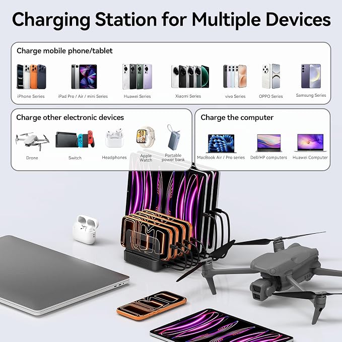 288W GaN 8-Port USB Charging Station, Retractable Cable with Cooling Fan & Detachable Organizer for MacBook, iPhone, iPad, Samsung, Laptop, Tablet - Black