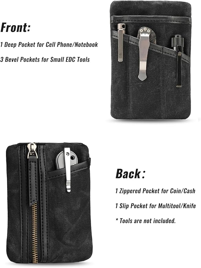 Sayram SP6 EDC Pouch, Waxed Canvas Compact Pocket Organizer, EDC Pocket Pouch for Men, Zippered Pocket Pouch, Mini EDC Organizer for Everyday Carry, Multitool Organizer Pouch (Oil Wax Black)