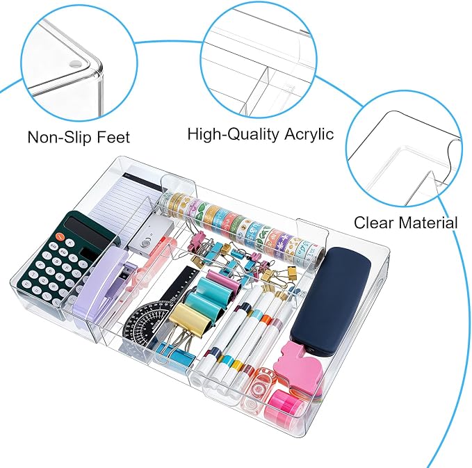 Expandable Acrylic Drawer Organizer, Clear Desk Drawer Organizers Tray with 8 Adjustable Compartments Multifunctional Desk Accessories for Vanity, Office, Kitchen, Bathroom