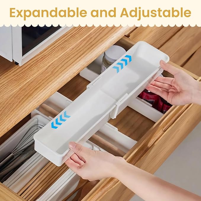 Drawer Organizers Set | 4-Pack Expandable Drawer Dividers for Bedroom, Bathroom, Kitchen & Office | Plastic Drawer Trays with Adjustable Length (White)