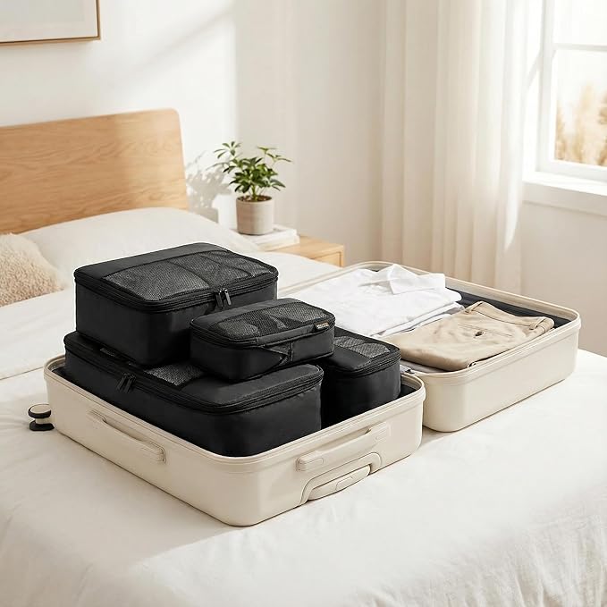 4 Piece Compression Packing Cubes for 3–7 Day Travel, Lightweight Travel Organizers with Breathable Mesh, Double-Zipper Packing Cubes for Carry-On & Suitcases (Jet Black)