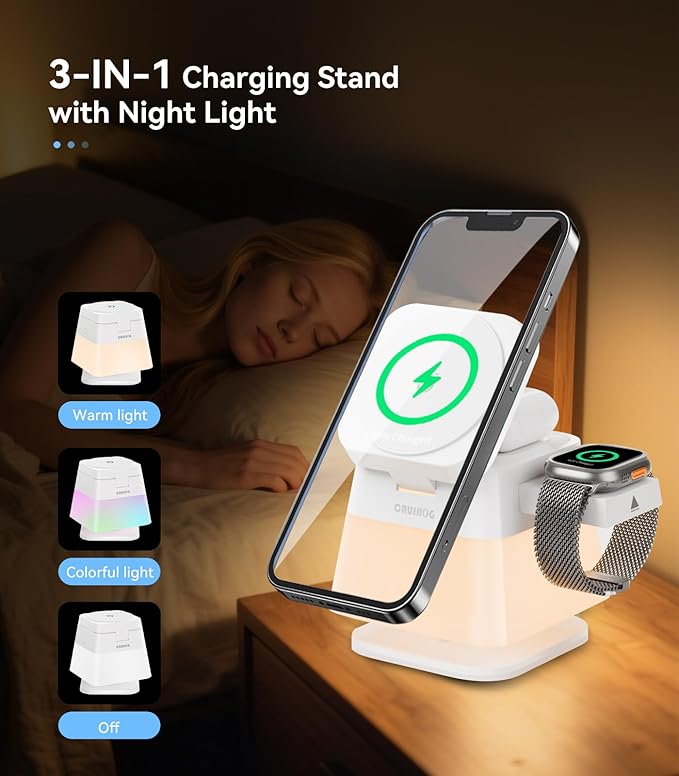 4 in 1 15W Charging Station for Apple, Magnetic Wireless Charger Stand [Colorful Night Light], Rotatable Charger Station for iPhone 17/16/15/14/13, Apple Watch, AirPods(Adapter Included)