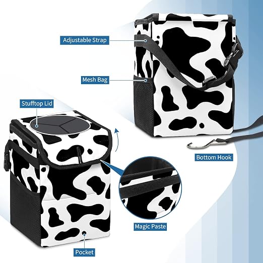 Western Black White Cow Print Car Trash Can with Lid Collapsible Reusable Waterproof Car Garage Bag,Automotive Garbage Can,Car Accessories Interior Car Organizer
