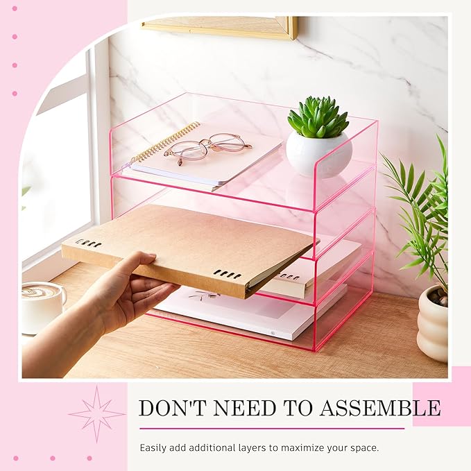 Harloon 4 Tier Paper Organizer Letter Tray Pink Acrylic Desk File Organizer Stackable Documents Letter Clear Paper Holder Sorter Office Tray for A4, Modern Office Classroom Home File Pad Books Notes