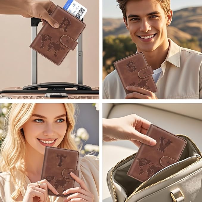 Passport Holder Wallet Cover Personalized Letter A-Z Travel Wallet RFID Blocking Passport Cover Wallet Case for Travel Passport Book Holders for Women and Men, Brown-V