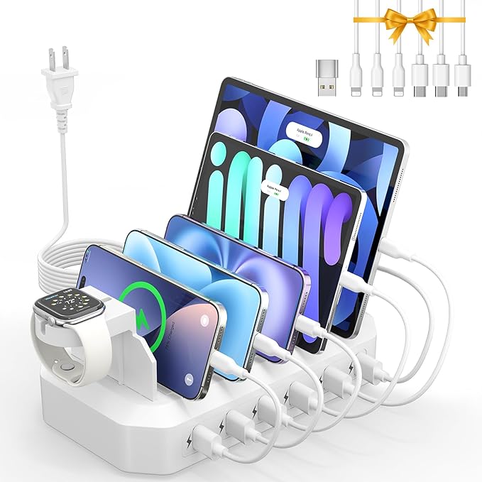 𝟐𝟎𝟐𝟓 𝐔𝐩𝐠𝐫𝐚𝐝𝐞𝐝 Charging Station for Multiple Devices【Tested Safer & Efficient Charging】 6-Port USB Charging Dock Compatible with iPhone/Android/MacBook/Tablet/Kindle & Other Electronic