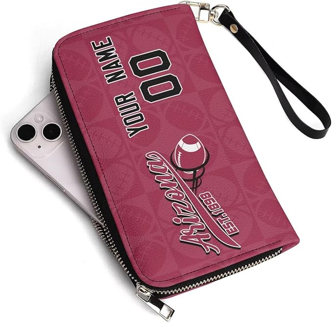 Custom Sports Team Zip Organizer Wallet-Personalized PU Leather Wristlet Wallet with Name Number,Multi-Card Slots,Wrist Strap,Fan Gift for Men Women.