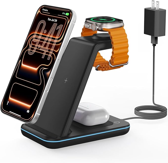 Wireless Charger for iPhone Charging Station: 3 in 1 Phone Charger Stand for iPhone 17/16/15/14/13/12/11/SE/X Pro Max Plus - Apple Watch 11/10/9/Ultra 2/8/SE/7/6/5 - AirPods 4/Pro 2/3