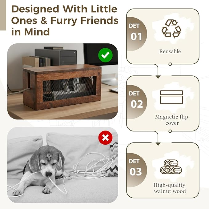 Chunful Extra Large Cable Management Box, 16'' Wood Cord Hider Organizer with Magnetic Lid & Organizer for Power Strip, TV Wires & Desk Cable Storage, Ventilation Hide Floor Cables (Rustic Brown)