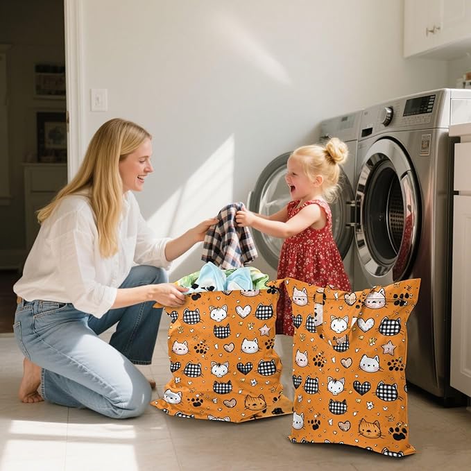 Travel Laundry Bags 2 PC Wet Dry Bag with Handle Dirty Clothes Organizer for Swimsuits Beach Camping Waterproof Washable Orange Cute Kittens Hearts Stars
