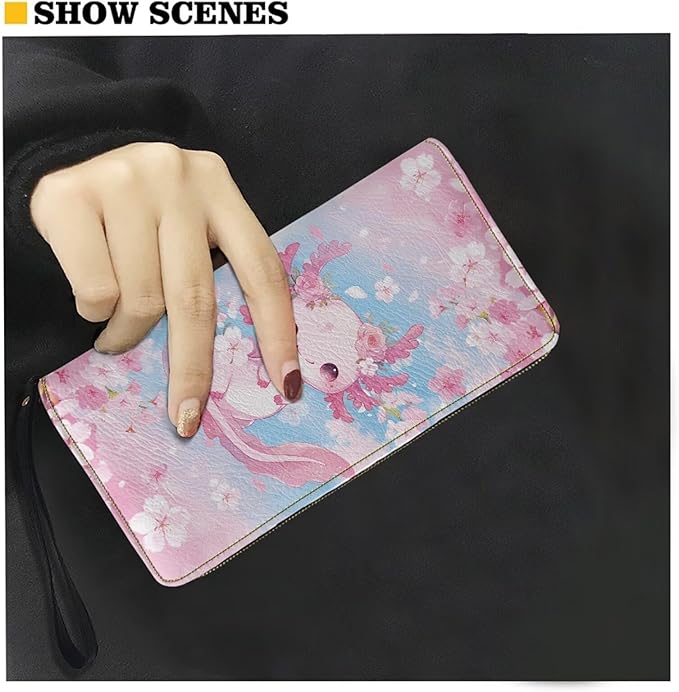 Bulopur Axolotl Wristlet Wallet for Women Cherry Blossom Clutch Purse PU Leather Zipper Credit Card Wallet Coin Cash Holder Ladies Handbags Gifts for Mom Girlfriend