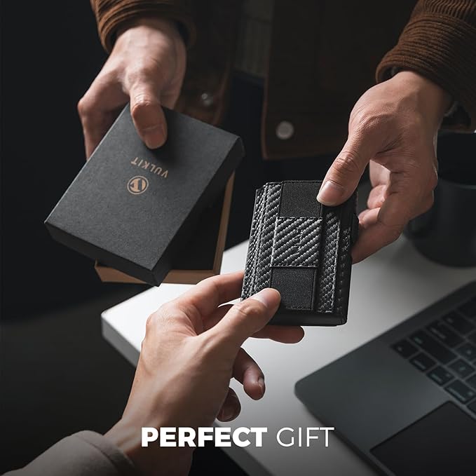 VULKIT Mens Minimalist Wallet for Max. 8 Cards with Pop-Up Credit Card Ejector RFID Blocking, ID Window and Elastic Strap for Bills or Keyring, Gift Box Packed, Carbon Black