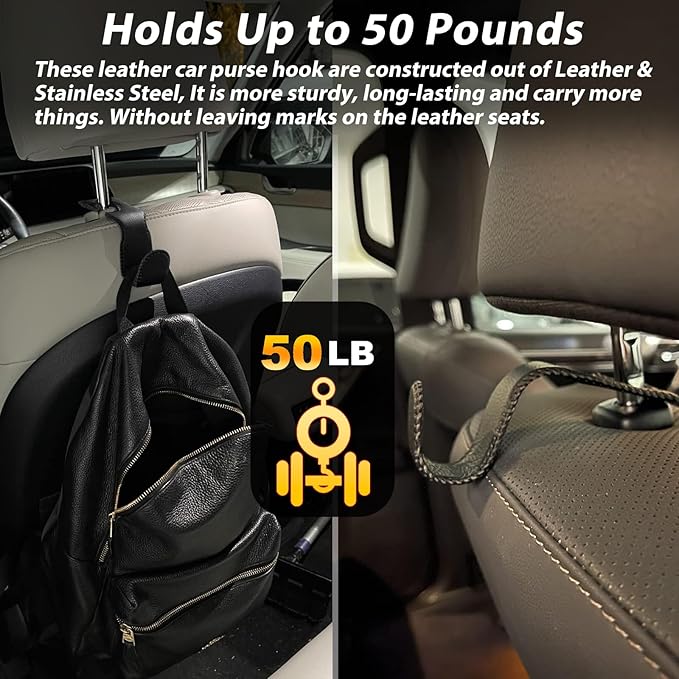 Car Purse Holder - Leather Vehicle Storage Hanger Hook for Purses and Bags, 2 Pack Black