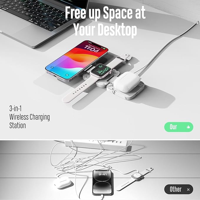 KU XIU Fast Wireless Charger, Magnetic Foldable 3 in 1 Charging Station for iPhone 17/16/15/14/13/12 Pro/Plus/Pro Max, 5W Portable Charger for Apple Watch9/8/7/6/5/4/SE, for Airpods