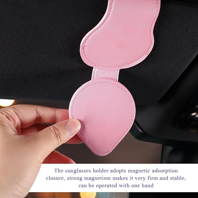 KVAEY Bling Sunglass Holder for Car Visor, Magnetic Leather Visor Clip Glasses Holder with Sparkling Rhinestones, Crystal Visor Ticket Card Clip for Women Girls, Car Accessories (Pink & White)