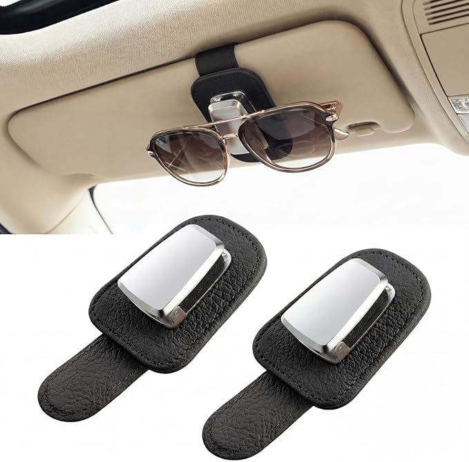Mudder 2 Packs Sunglasses Holder for Car Universal Visor Sunglasses Holder Clip Leather Eyeglasses Hanger and Ticket Card Clip Eyeglasses Mount for Car(Black)