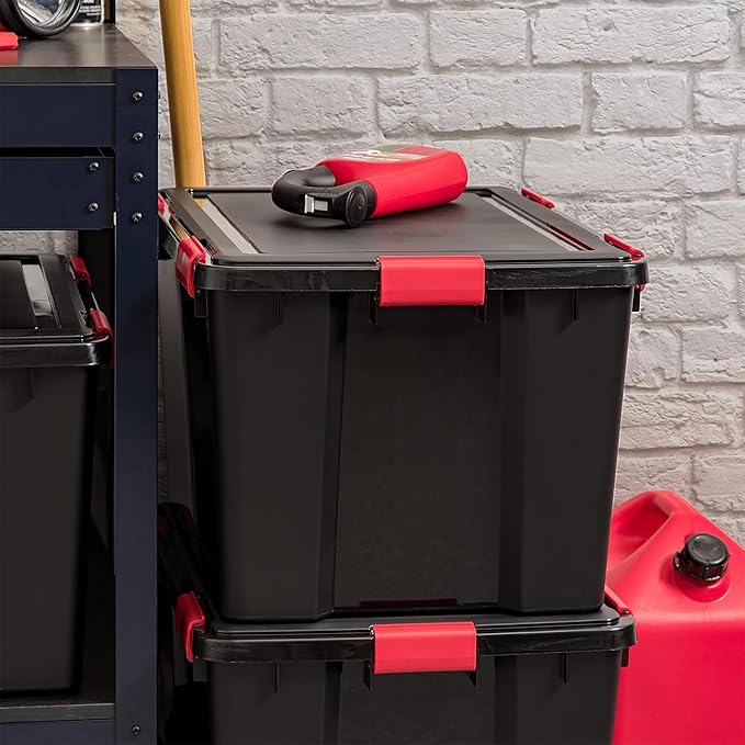 IRIS USA WeatherPro 74 Qt Storage Bins with Lids, 6 Pack, BPA-Free Plastic Gasket Box with Tight Latch and Seal, Stackable Nestable Tote Tub - Black/Red