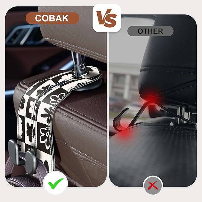 CoBak Purse Hook for Car - Universal Premium Stitched Leather and Aluminum-Magnesium Alloy Double Car Seat Back Storage Hook for Purses, Handbags, Bags (2 Pack),Chess Flower