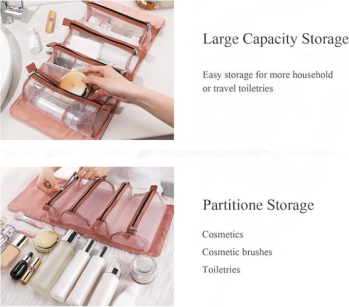 LumiSyne 4 In 1 Detachable Toiletry Bag Hanging Roll-Up Makeup Bag Large Capacity Travel Wash Bag Mesh Cosmetic Bag Portable Foldable Toiletry Bag Waterproof Cosmetic Organizer Bag For Travel Daily