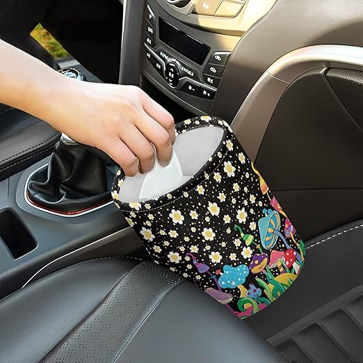Mushroom Daisy Trash Can Leak Proof Waste Basket Container Bag Bin Hanging Cup Holder Organizer with Strap Mini Car Interior Accessories for Auto, Camping, Travelling