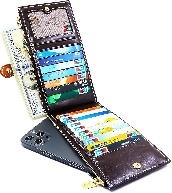 ANDOILT Women's Genuine Leather Wallet RFID Blocking Credit Card Holder Zipper Purse Cell Phone Handbag