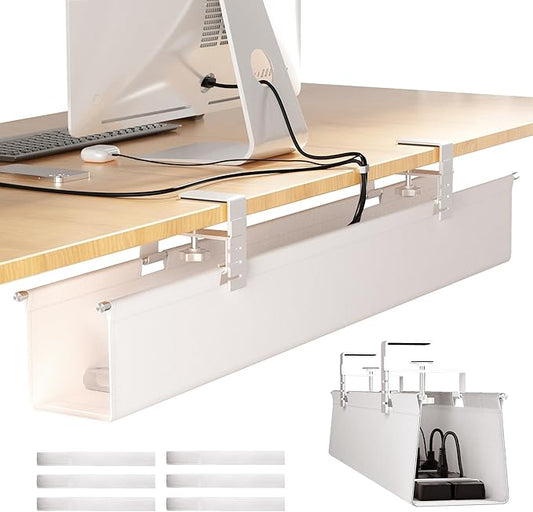 [Upgraded] Large Under Desk Cable Management Tray, Cinati Cable Management Under Desk No Drill, 28.4" Fabric Cord Hider for Wire Organizer, Cord Organizer for Office, Home - Supports Up to 30lbs White