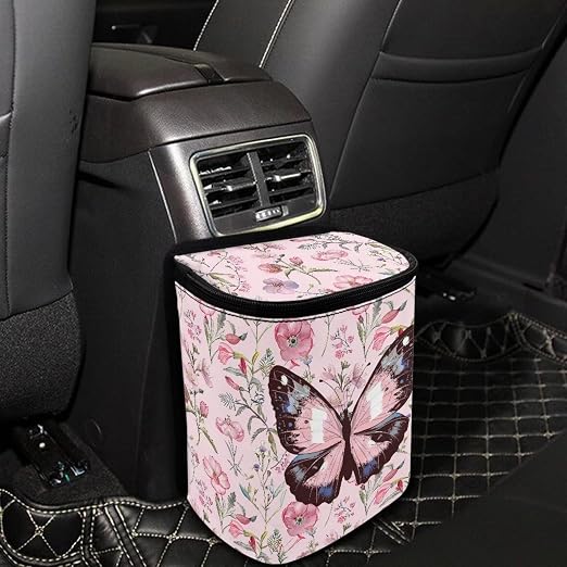 Biyejit Pink Butterfly Floral Car Trash Can with Lid Collapsible Reusable Waterproof Car Garage Bag, Automotive Garbage Can, Car Accessories Interior Car Organizer with Adjustable Straps