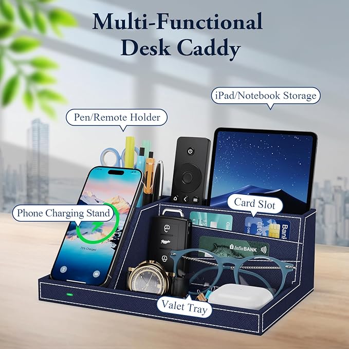 TopMade Wireless Charger Desk Organizer, Leather Multi-Functional Office Supplies Desk Accessories, Remote Control Pen Holder Fast Charging Station, for iPhone Charger Stand, Gifts for Men (Blue)