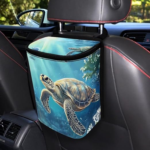 Biyejit Sea Turtle Print Hanging Car Trash Bag Can with Lid, Collapsible Car Garbage Bag with Pockets, Garbage Can for Central Control Leak-Proof Trash Storage Organizer Box