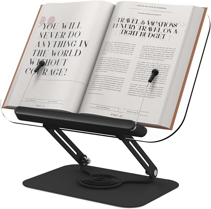 Acrylic Book Stand for Reading Hands Free - Adjustable 360° Rotating Cookbook Holder with Elastic Page Clips & Foldable Base, Multi-Angle Desktop Display Stand for Recipes, Laptops, Tablets, Bibles